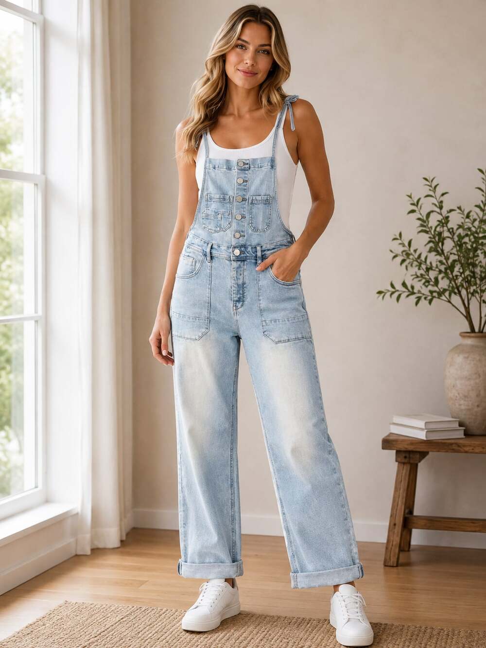 KanCan Marceline Denim Overalls XL Light Wash Straight Leg Button Front KC6402L